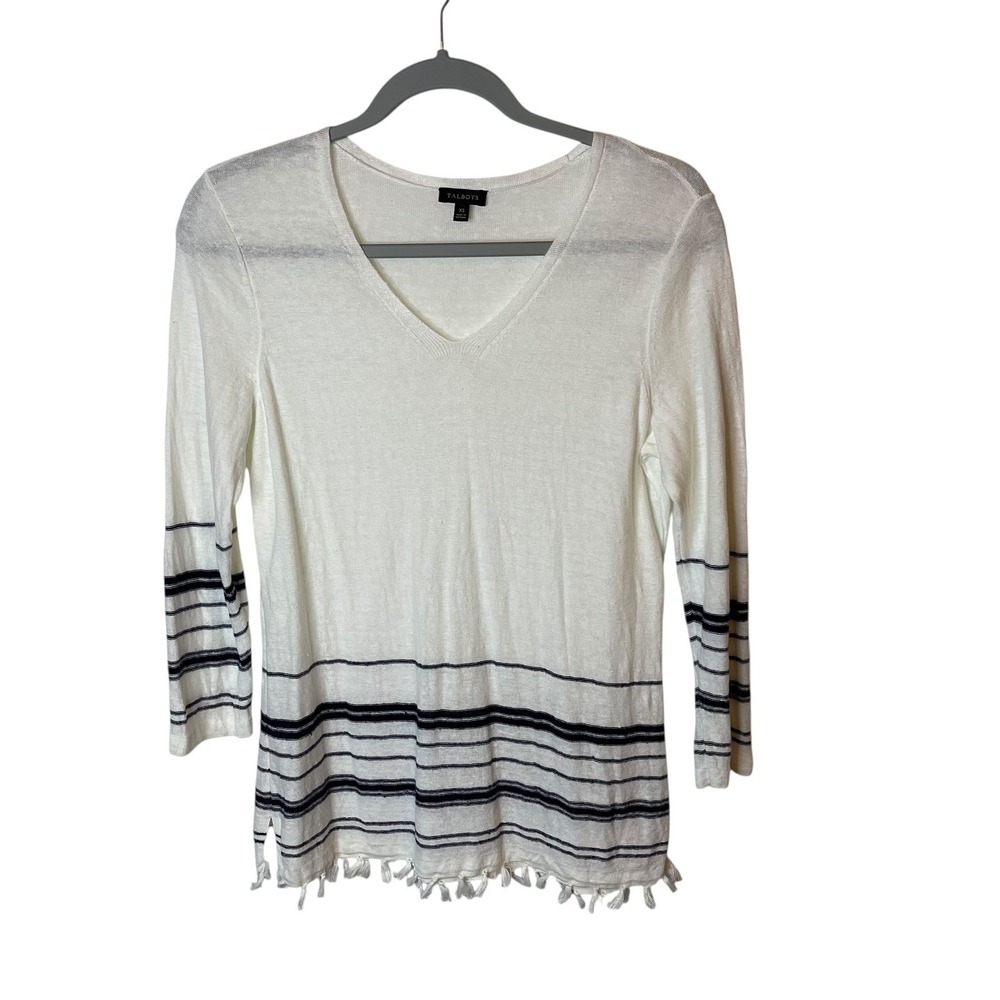 Talbots White Linen Striped V Neck Tassel Trim 3/4 Sleeve Top Women's Size XS